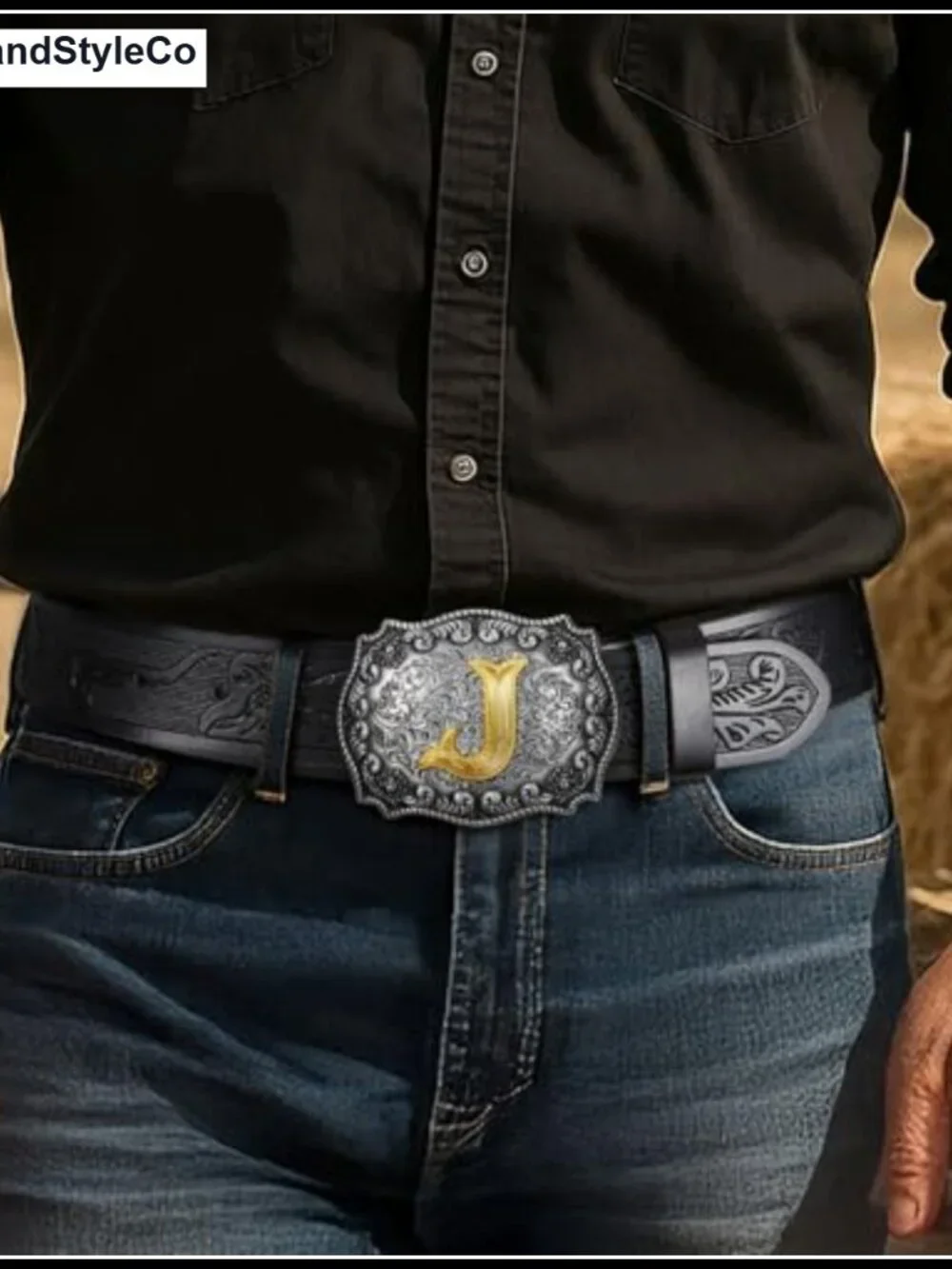Western Cowboy Belt with Detachable Initial Gold Buckle Faux Leather for Men